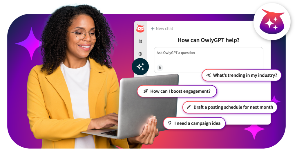 Woman holding a laptop with the Hootsuite OwlyGPT logo and chat interface hovering in the background.