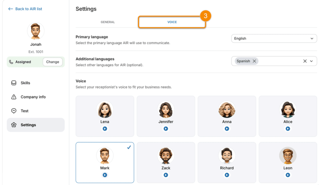 RingCentral AI receptionist settings with options to select voices and characteristics.