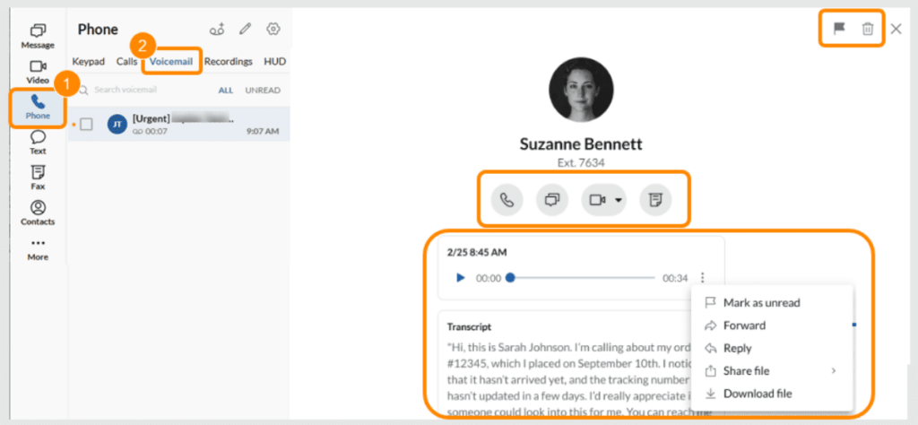RingCentral app with voicemail transcription and response features.