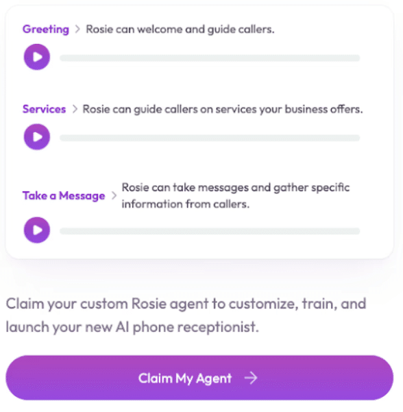 Rosie AI receptionist settings with customizable features for greetings, services, and message taking.