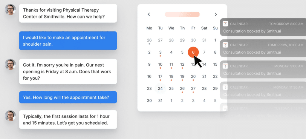 Smith.ai web chat conversation presented next to a calendar integration to schedule appointments.