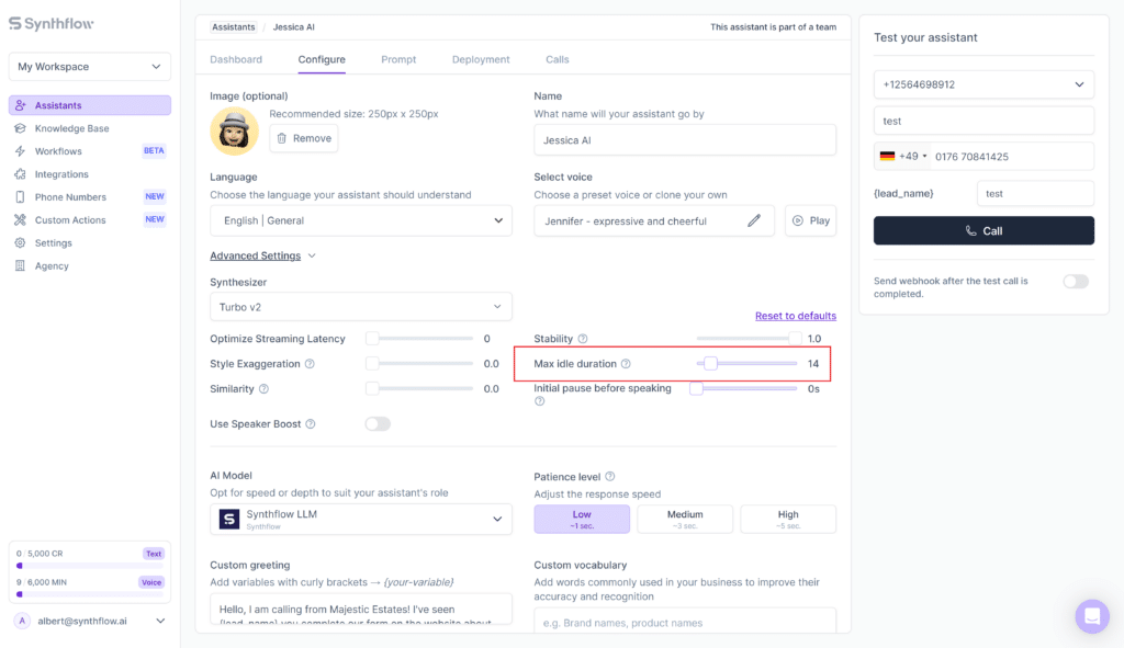 Synthflow agent dashboard with advanced settings for each assistant.