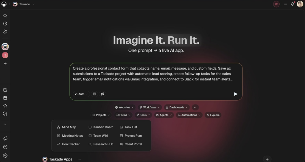 Screenshot of Taskade showing the Genesis prompt box that generates AI-built apps and a menu of project and workflow templates below it.