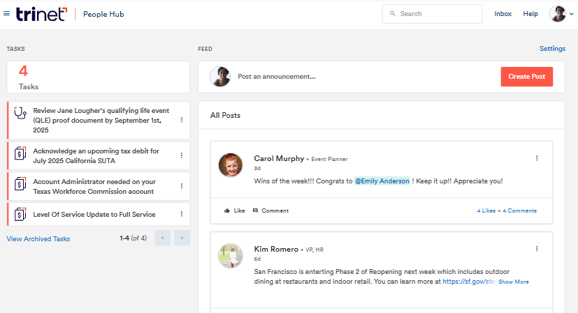 TriNet HR Platform's People Hub with a task list on the left side and a column of staff messages on the right