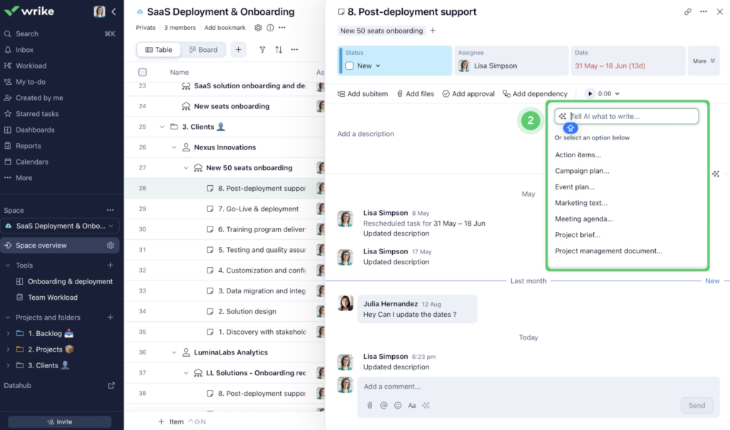 Screenshot of a Wrike workspace displaying a task with AI-assisted writing suggestions, such as action items, meeting agendas, and project brief options.