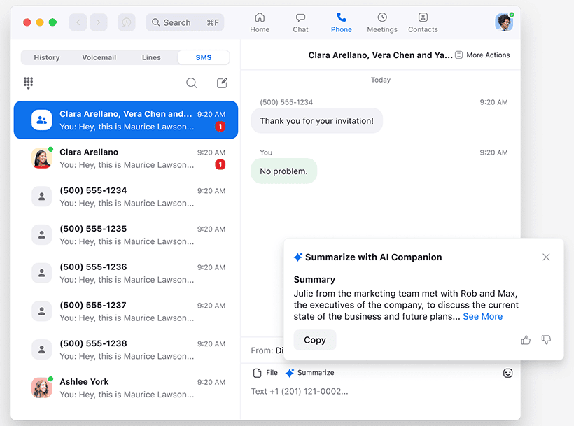 Zoom team messaging conversation with text thread summary by the AI companion.