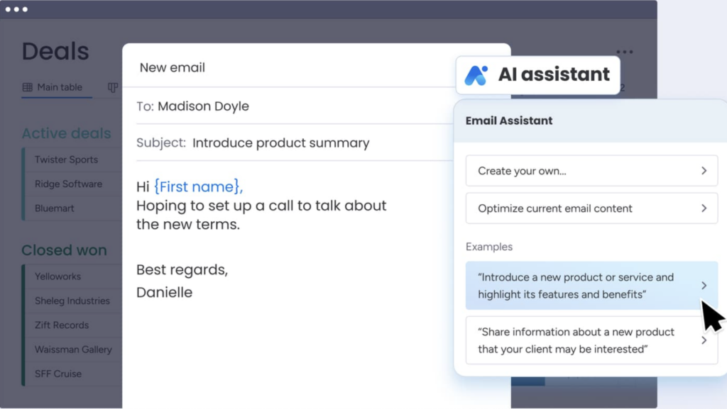 Screenshot of monday.com showing the AI Assistant suggesting and optimizing email content for a client message.