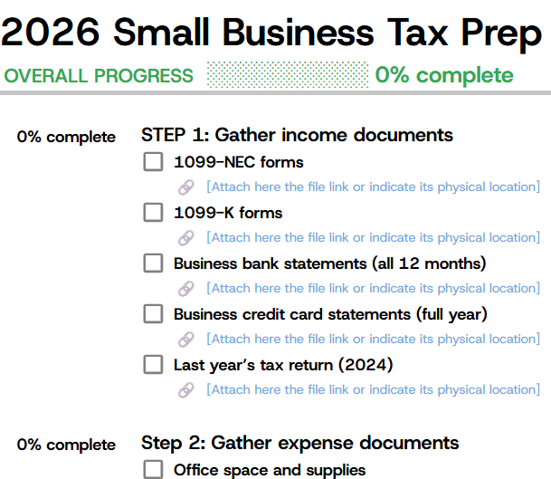 small business tax prep checklist screenshot