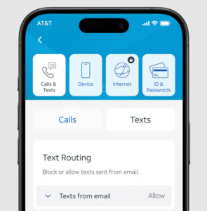 Mobile screen with AT&T ActiveArmor settings for blocking spam calls and texts.