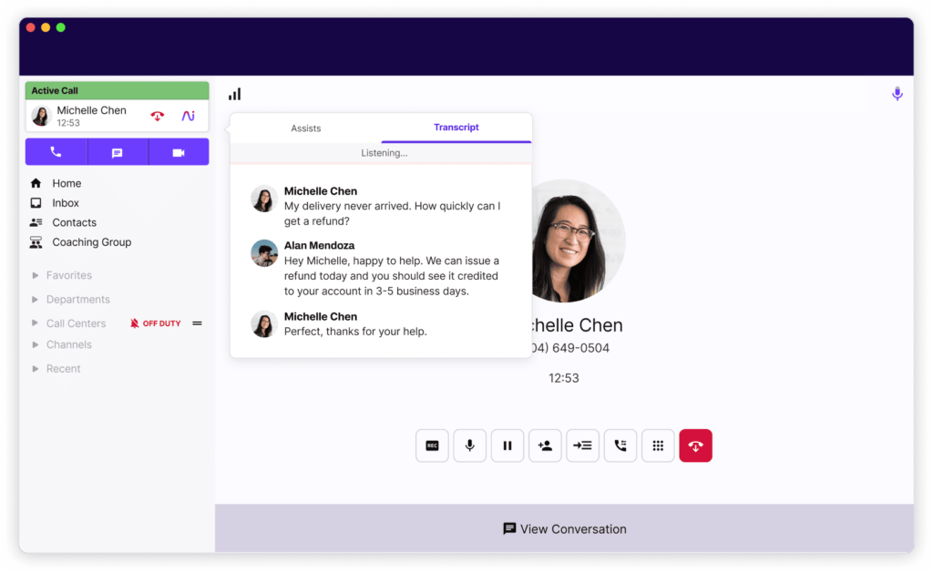 Dialpad Sell platform with an AI-powered call featuring real-time recording and transcription.