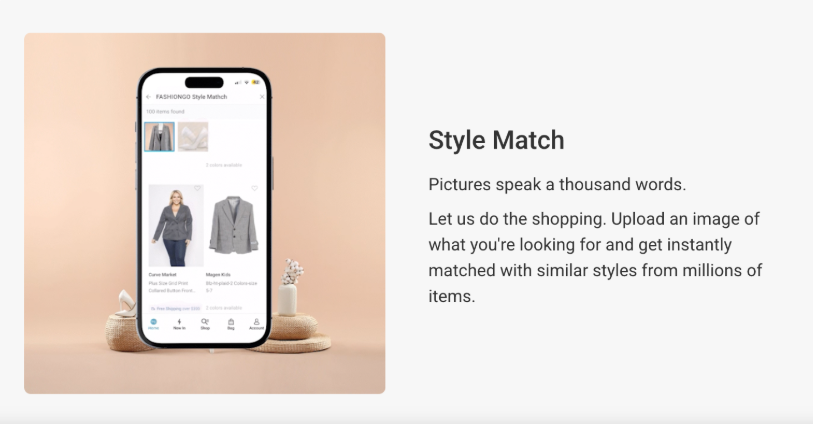 FASHIONGO Style Match AI image search tool matching similar wholesale clothing styles.