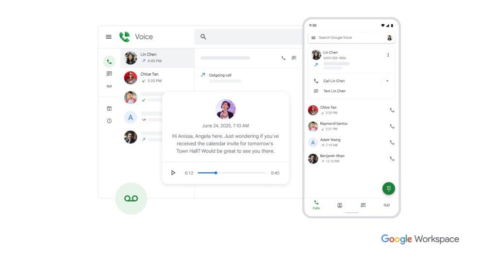 Overlapping Google Voice desktop and mobile screens featuring a call log and voicemail transcription.