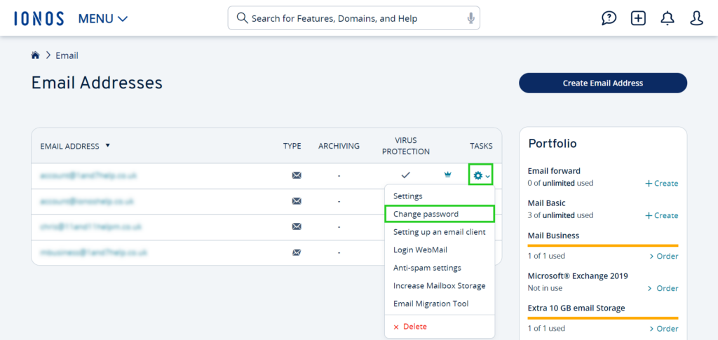 IONOS email address settings highlighting how to change a password.