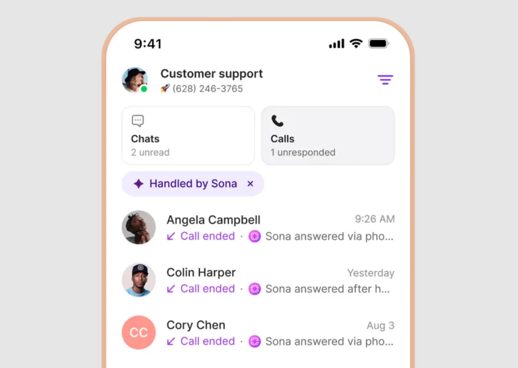 Mobile phone screen with Sona AI assistant managing incoming calls and chats to provide customer support.