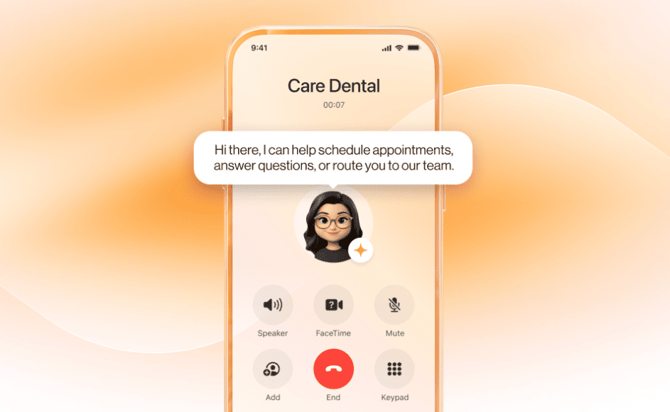 Orange background with a mobile phone screen featuring the RingCentral AI receptionist persona answering a call with a greeting.