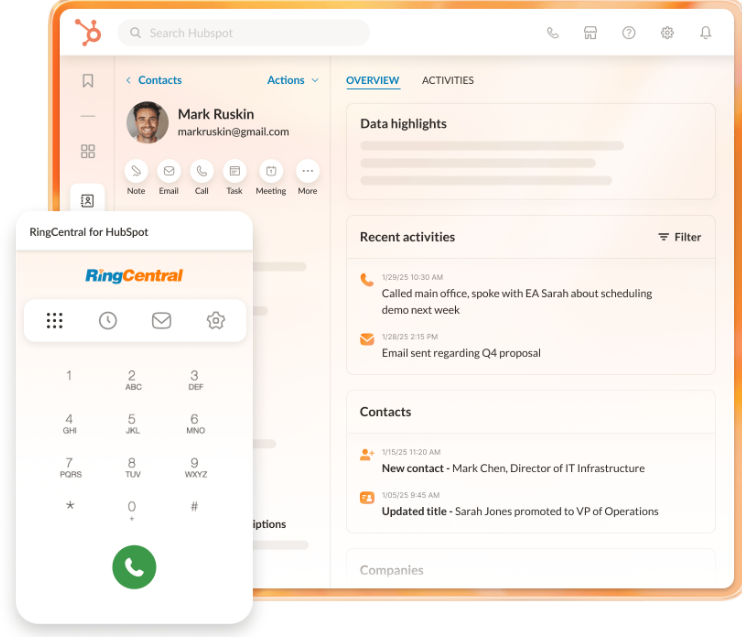 Overlapping desktop app and mobile screen featuring integrations with HubSpot.