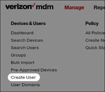 Verizon mobile device management settings, highlighting the option to create a user profile.