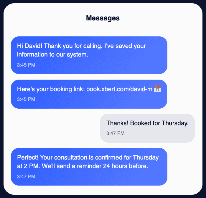 Nextiva Xbert web chat conversation with appointment booking for a client or customer.