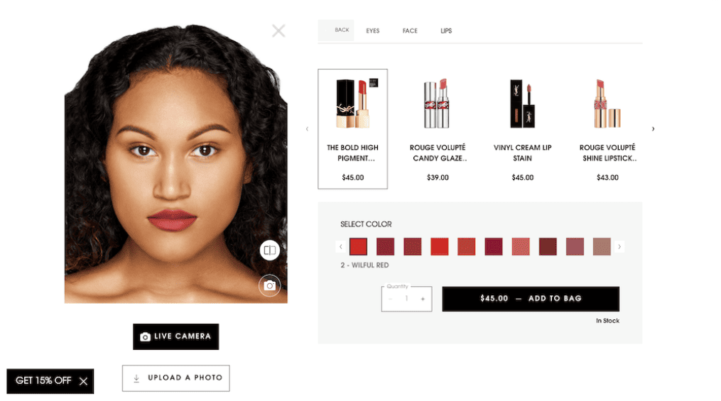 Augmented reality virtual try-on tool showing a customer testing lipstick shades online as part of an experiential ecommerce retail strategy.