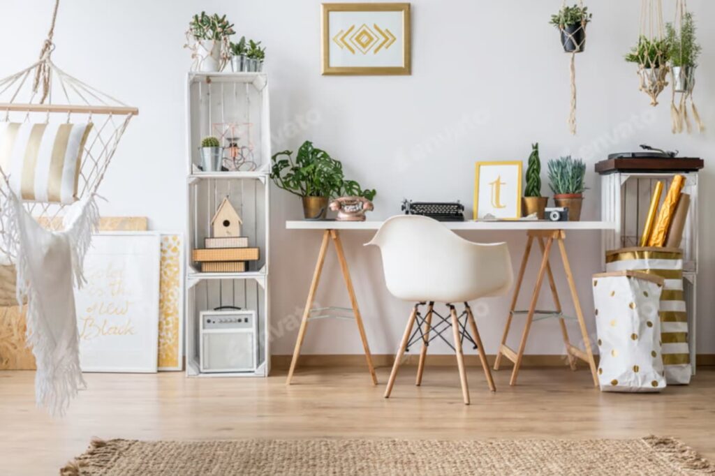 Scandinavian-style home office with a white desk on wooden trestle legs, modern white chair, plants, wall art, shelves, and decorative accents, creating a bright and cozy workspace that encourages creativity and focus.