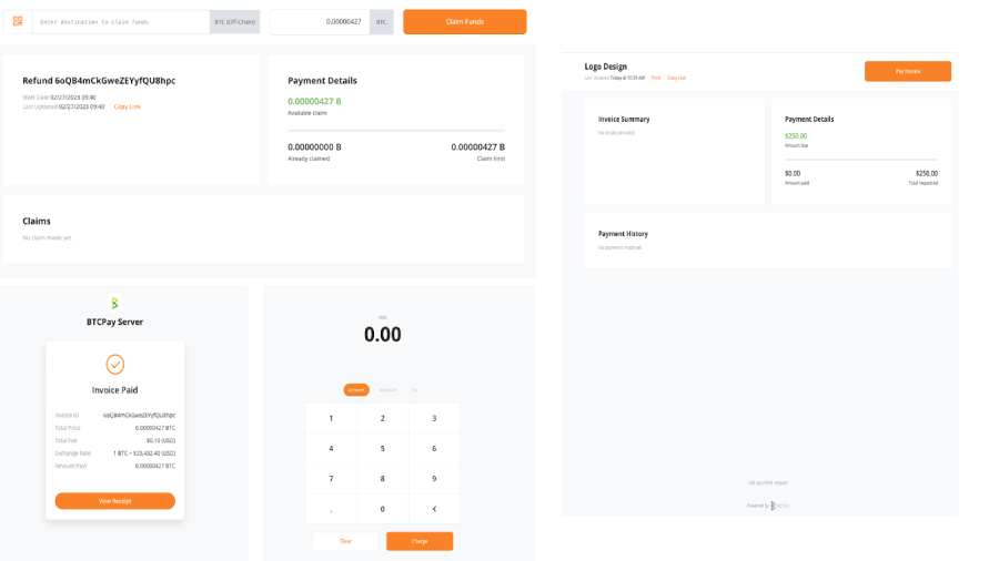 BTCPay Server dashboard showing a paid invoice, payment details, and QR code checkout interface for accepting Bitcoin payments.