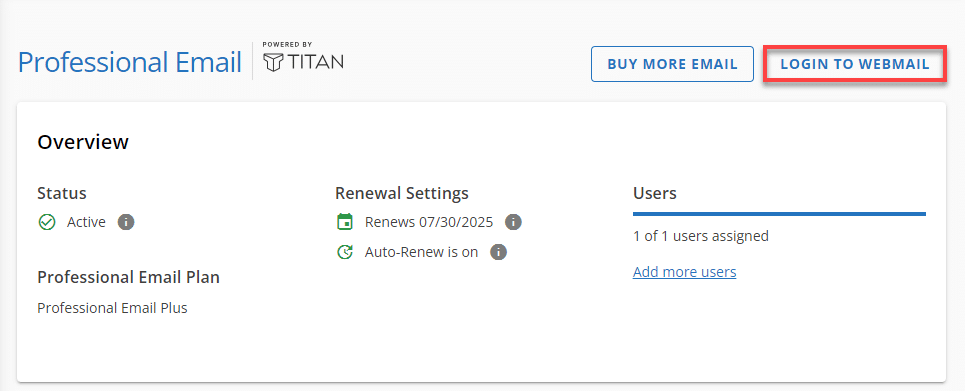 Bluehost webmail login for the Professional Email Address plan.
