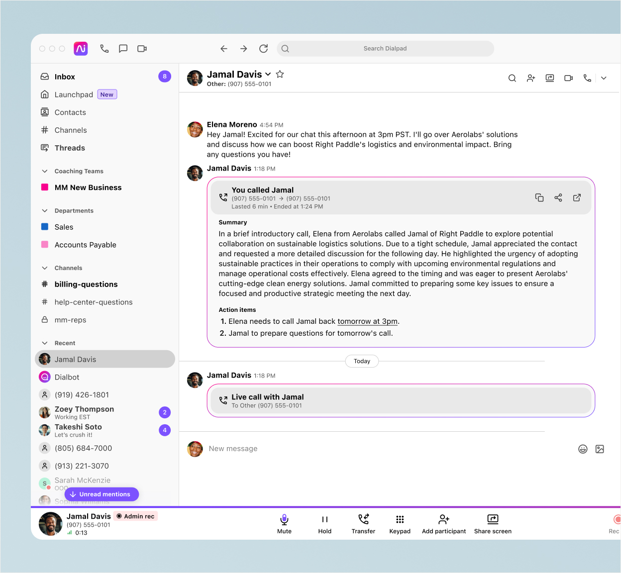 Live AI--generated post-call summary in the Dialpad dashboard.