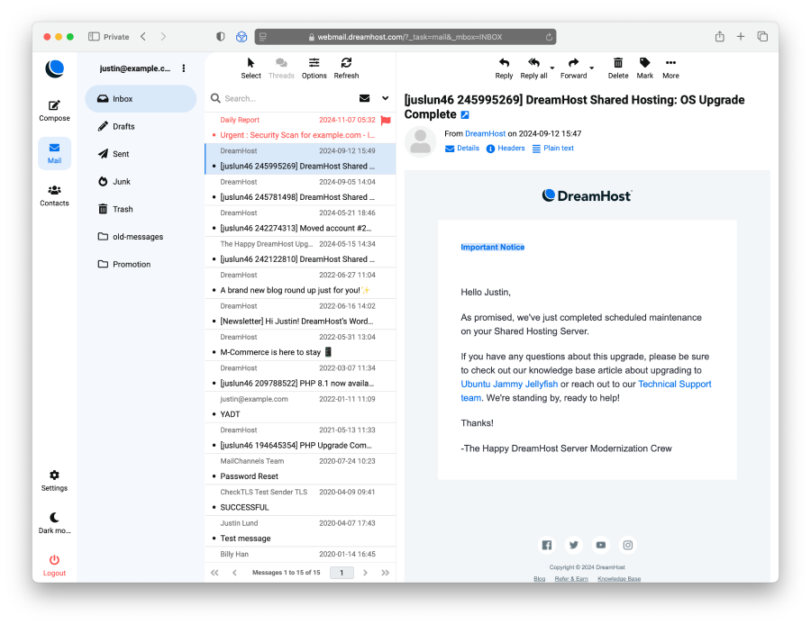 Dreamhost email inbox featuring a platform for updating email from Dreamhost.