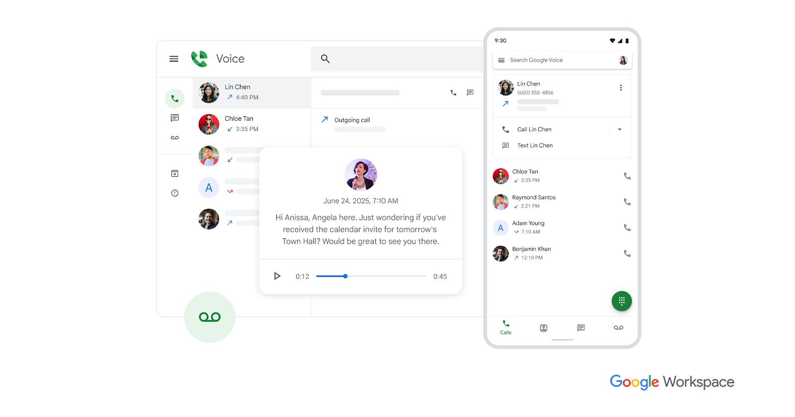 Google Voice mobile phone app featuring a voicemail transcription.