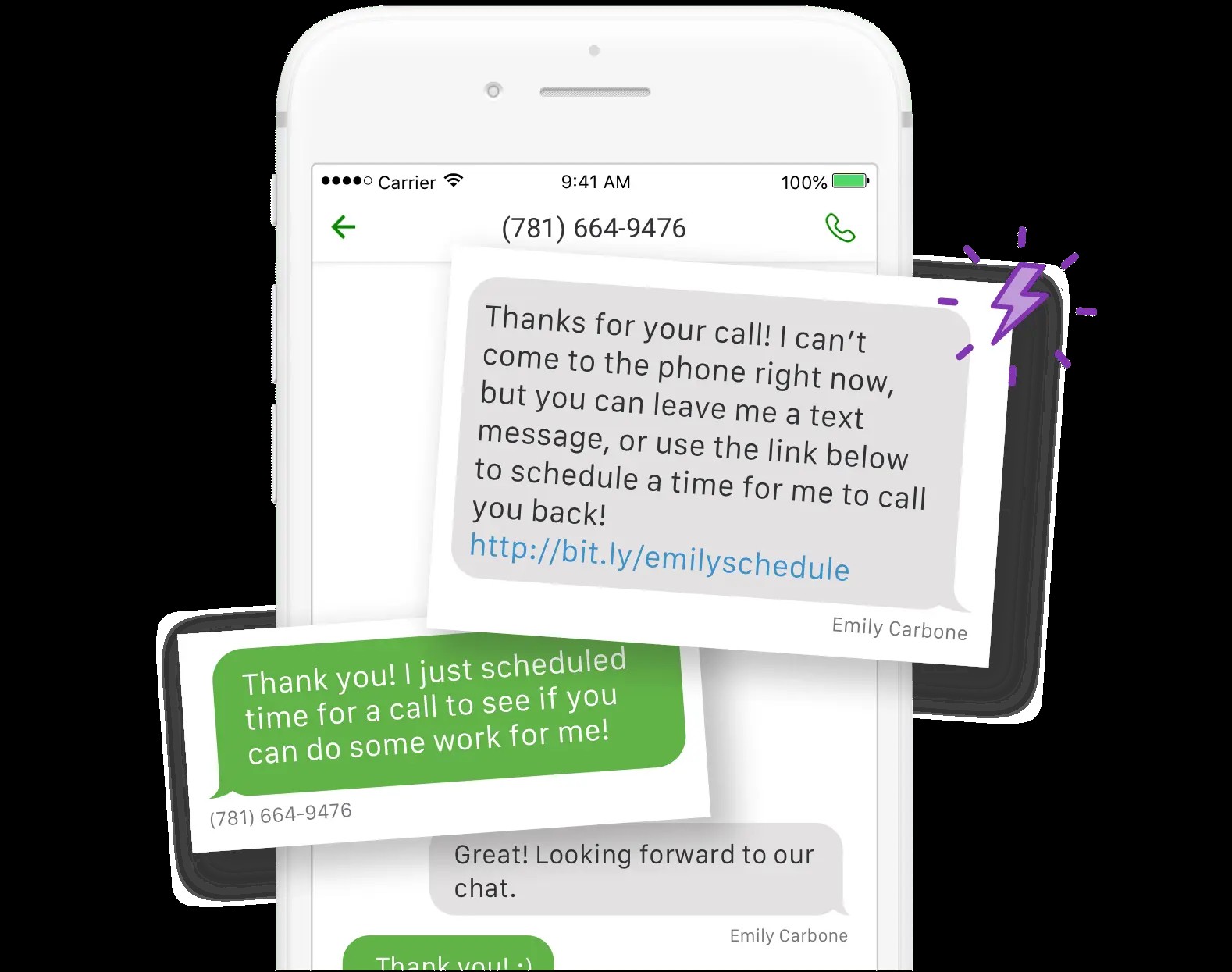 Mobile phone screen featuring instant responses from the Grasshopper app.