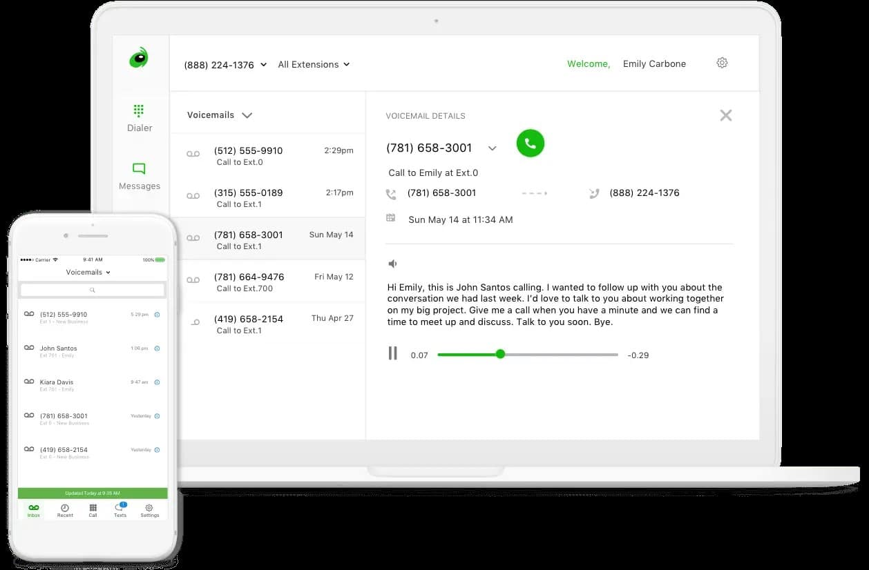 Laptop and mobile phone screens showing call history and virtual voicemails in the Grasshopper app.