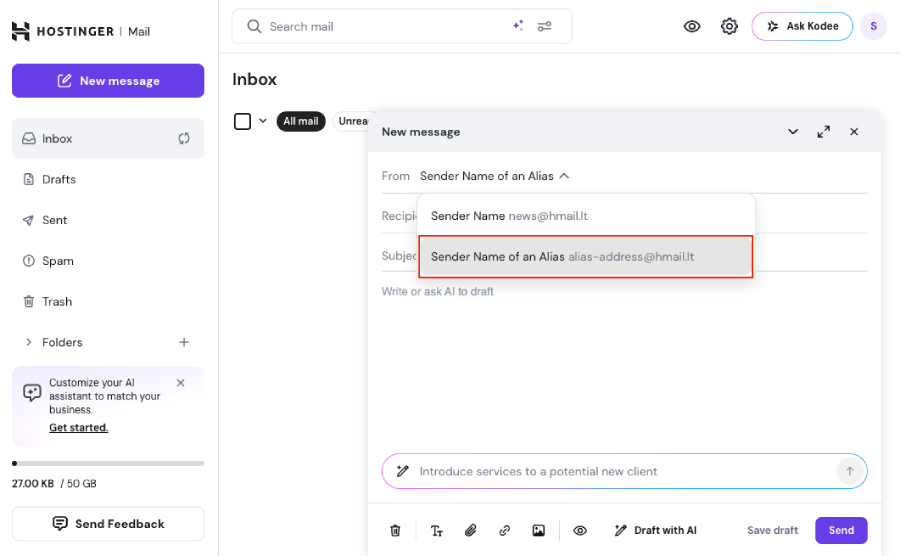 Hostinger email inbox featuring a message sent from an email alias.