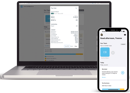 Nest Payroll software shown on a laptop and a mobile device