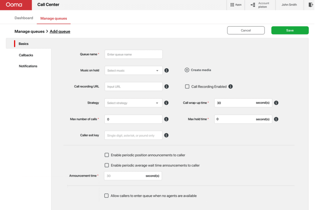 Ooma desktop app with call center queue analytics.