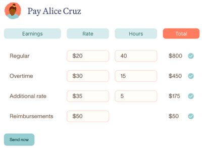 Poppins Payroll pay screen with columns for earnings, hours, and pay totals