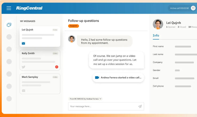 RingCentral dashboard with call monitoring and follow-up questions for a customer.