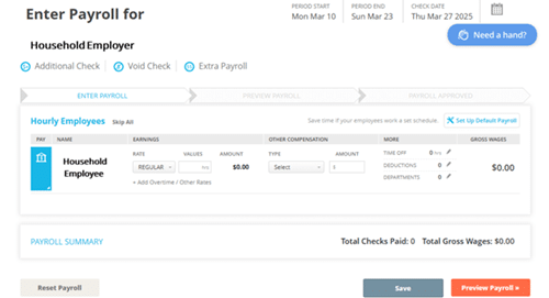 Savvy Nanny Payroll page with a three-step pay run process