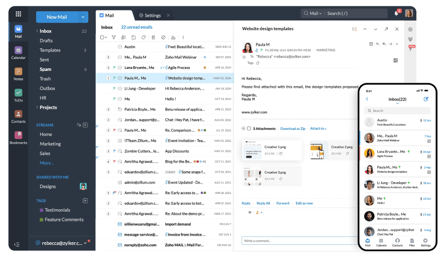 Desktop and mobile phone screens featuring the Zoho Mail inbox full of emails.