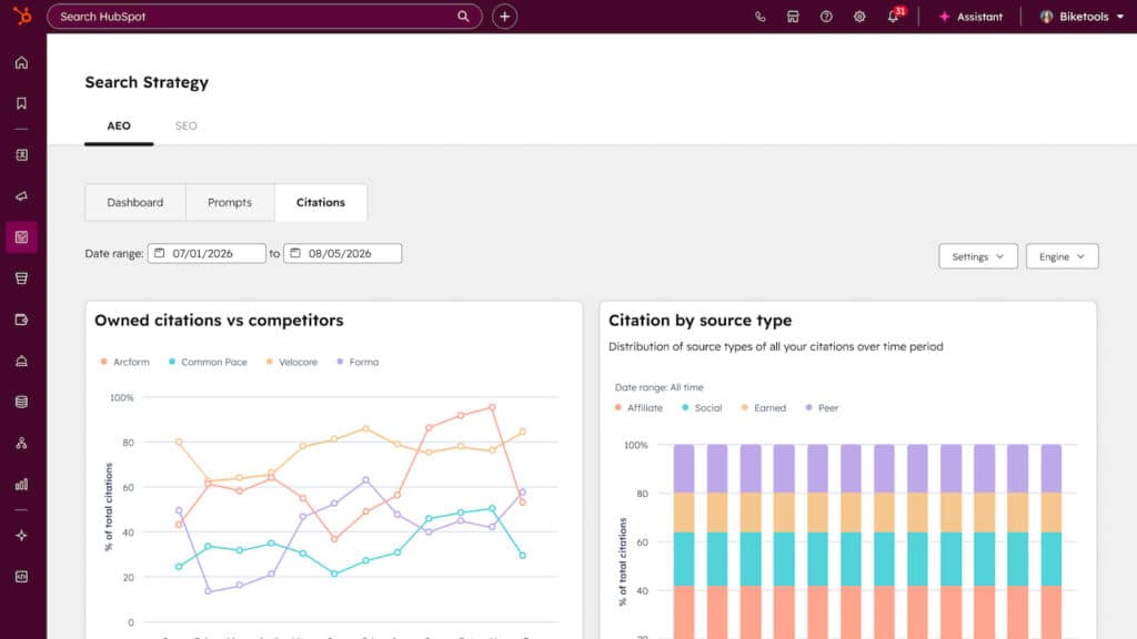 Screenshot of HubSpot AEO search strategy dashboard displaying citation trends vs competitors, citation sources by type, and filters for prompts, date range, and AI search engines.