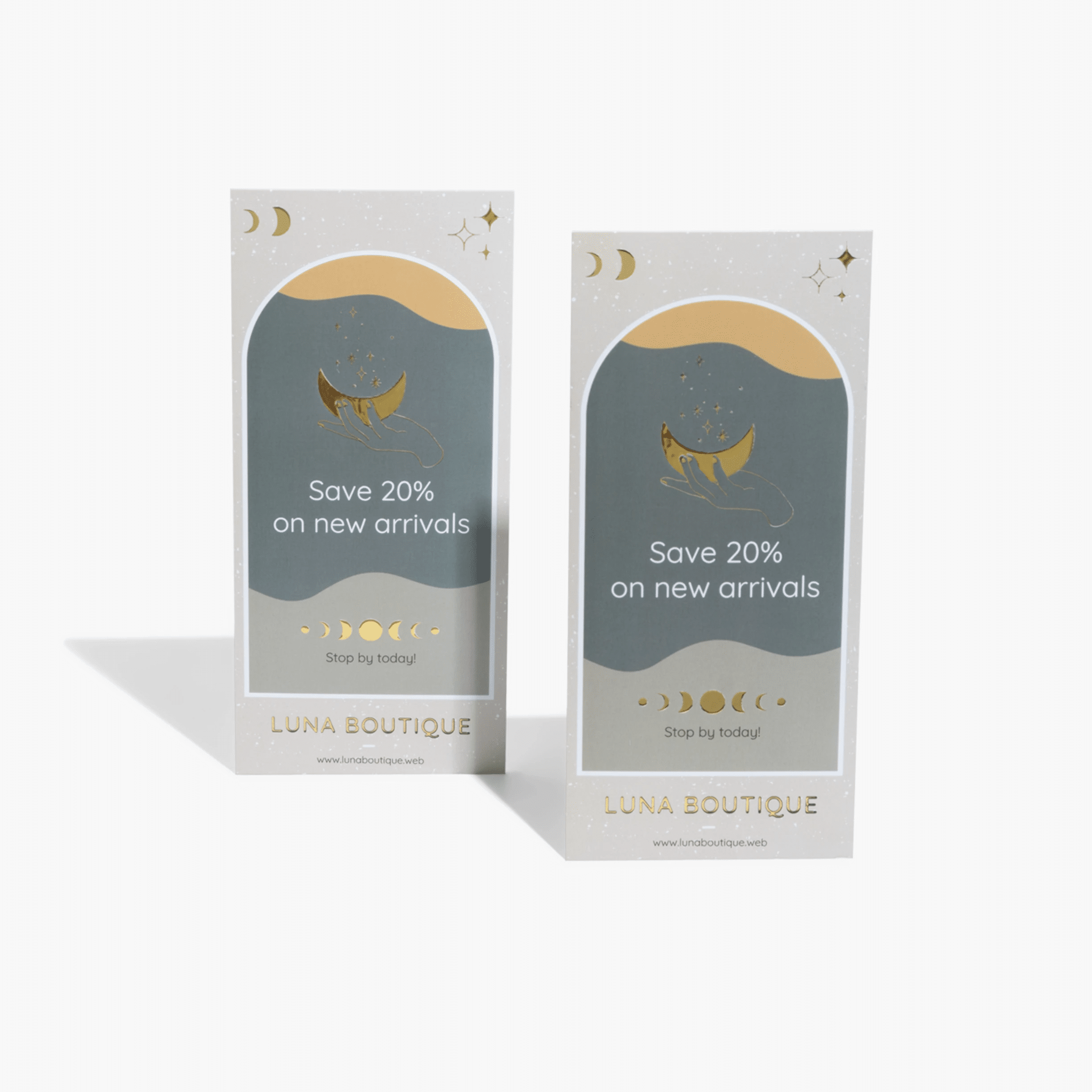 Retail rack cards with promotional discount offer for small business print marketing and in-store display.