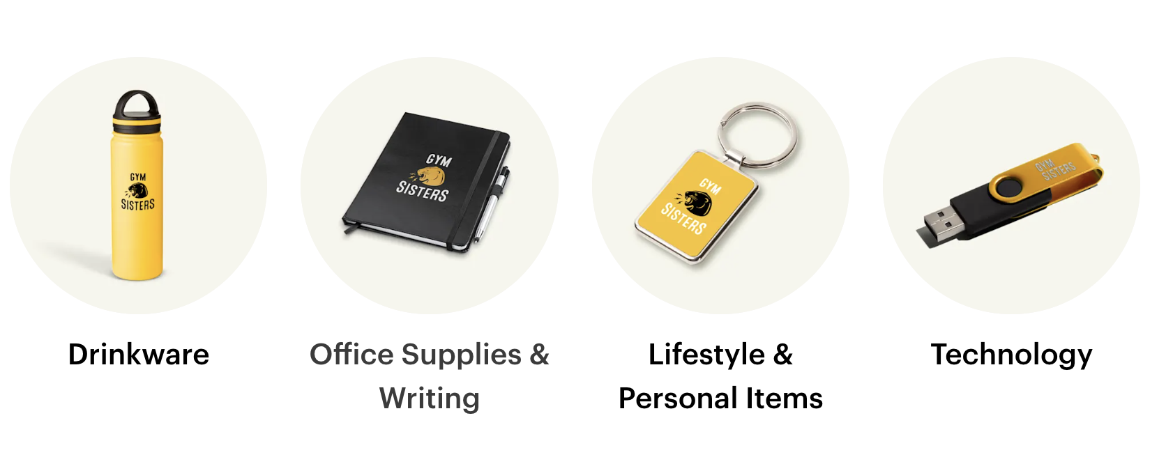 Branded promotional products including drinkware, notebooks, keychains, and USB drives for small business marketing.