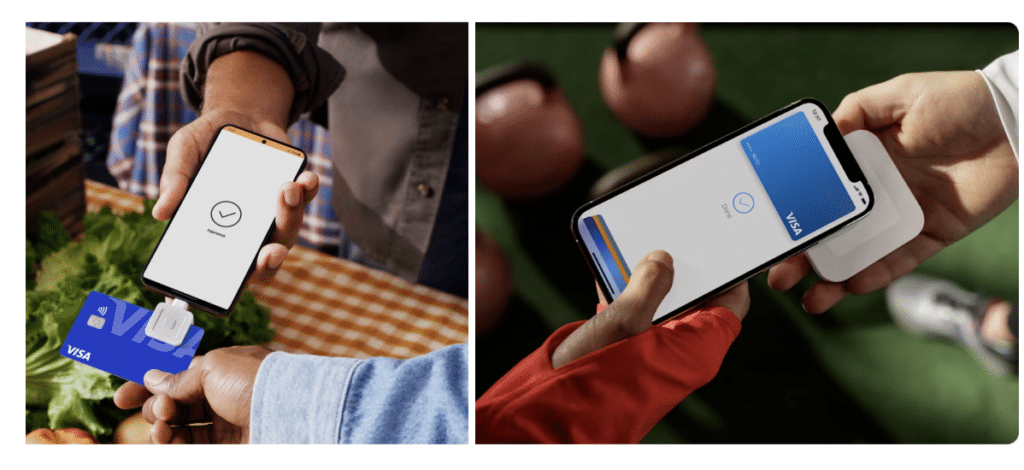 Customer paying with card and mobile wallet using Square Reader connected to smartphone