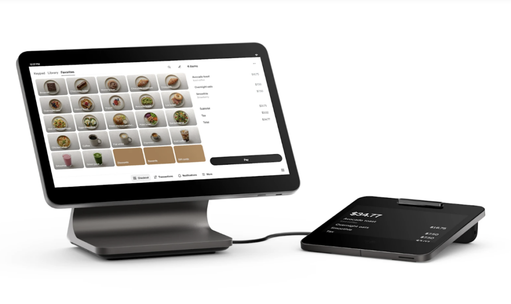 Square Register POS system with main touchscreen and customer-facing display for card payment