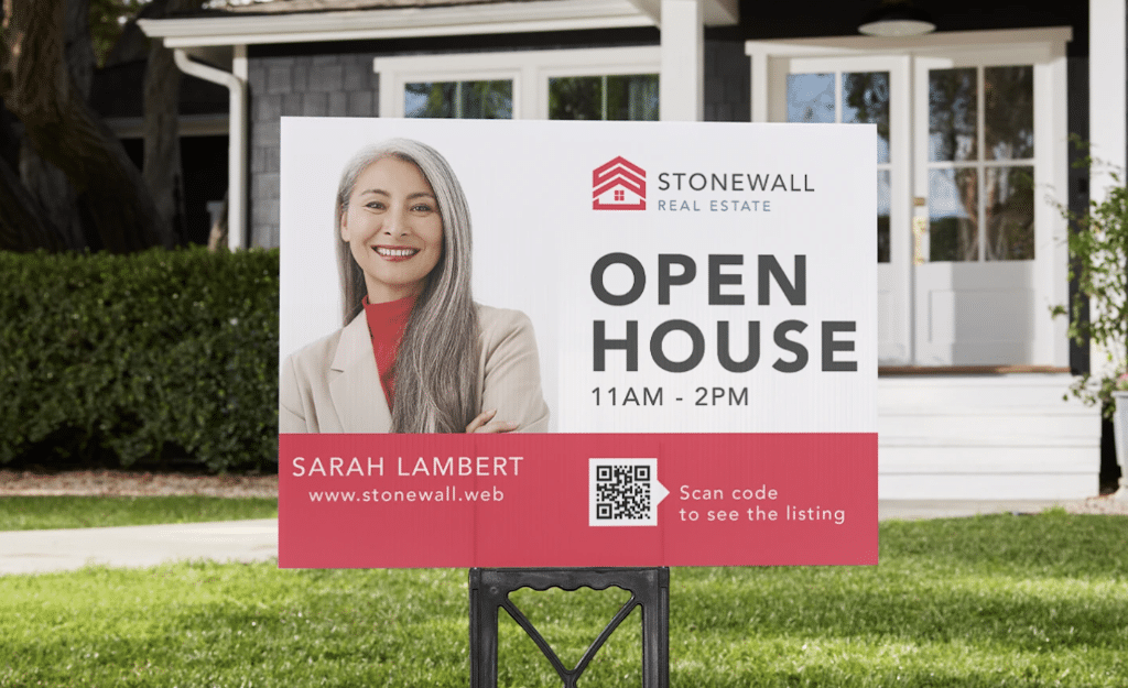 Real estate yard sign with QR code used for local signage marketing and lead generation.