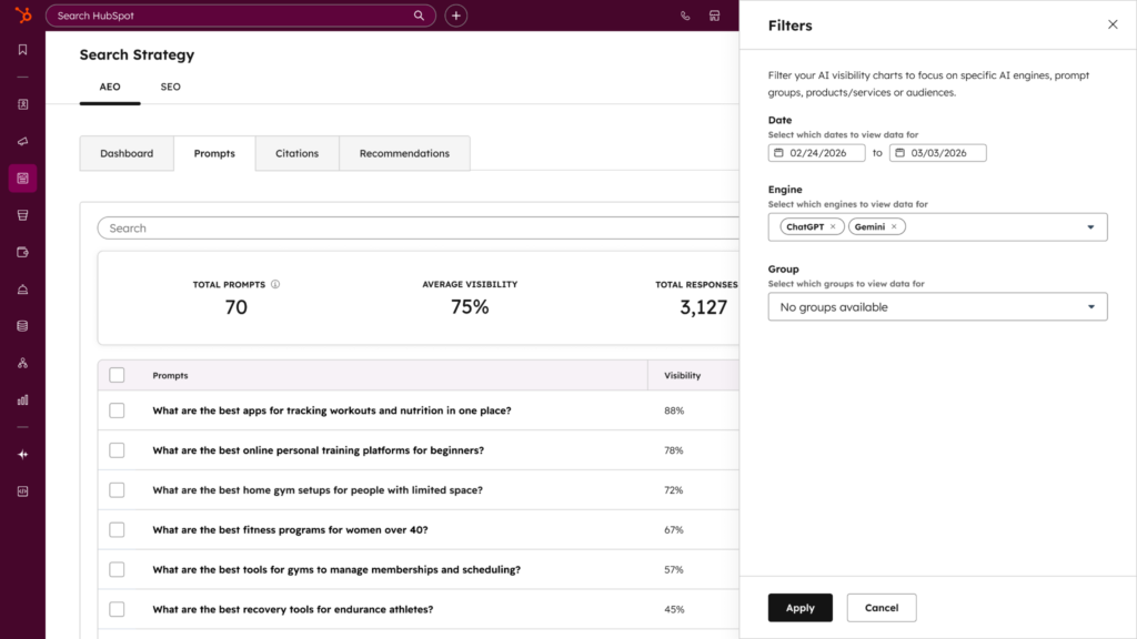 HubSpot AEO prompts dashboard showing AI visibility score, tracked prompts, and ChatGPT and Gemini filters.