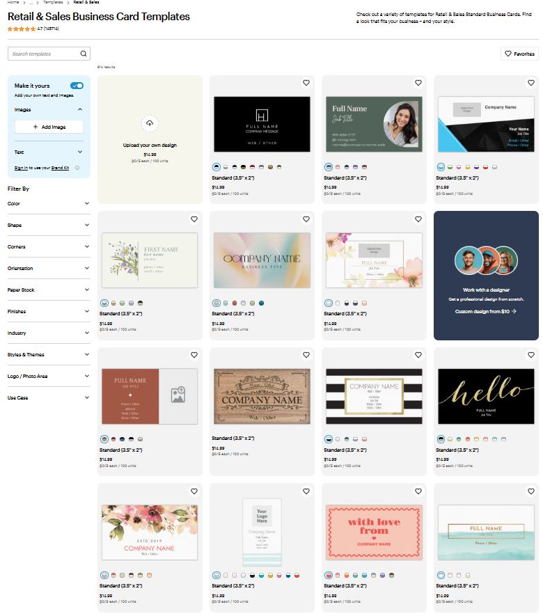 A selection of VistaPrint business card templates for retail stores, featuring different layouts for logos, social media handles, and store addresses.