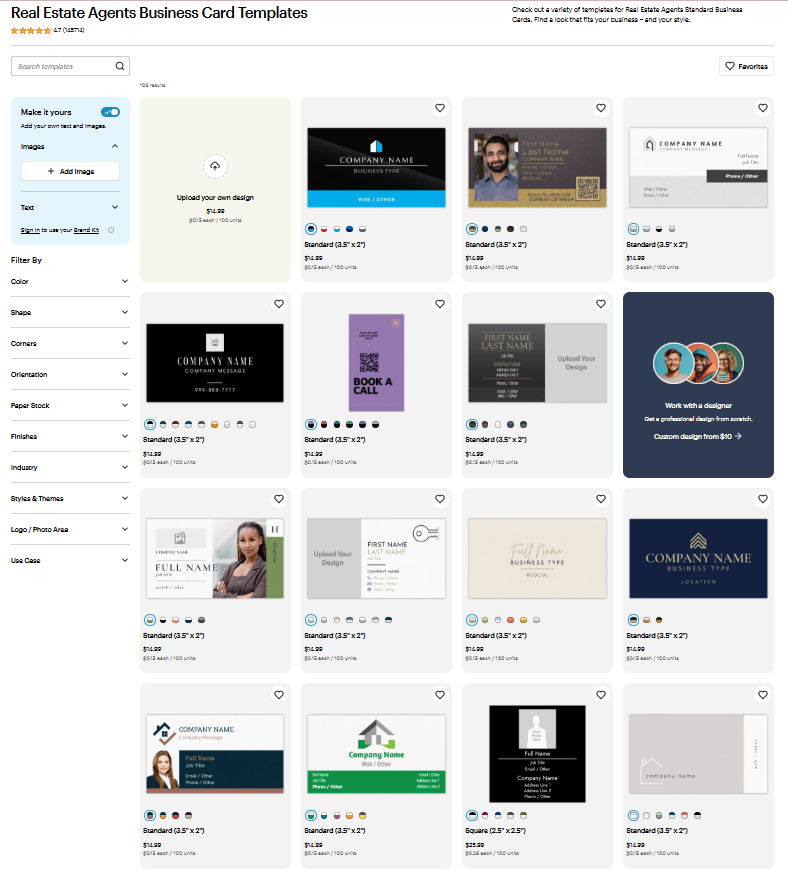 Examples of real estate business cards including personal headshots, brokerage branding, and integrated QR codes