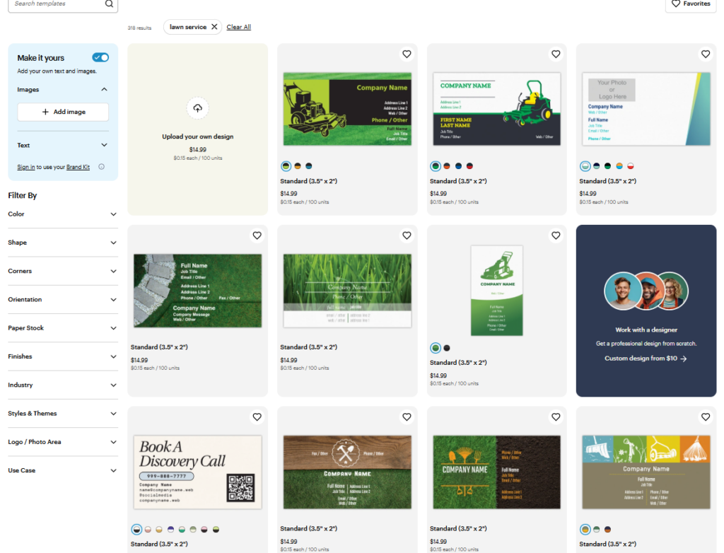 A collection of lawn service business card templates with natural green themes and clear contact information fields.