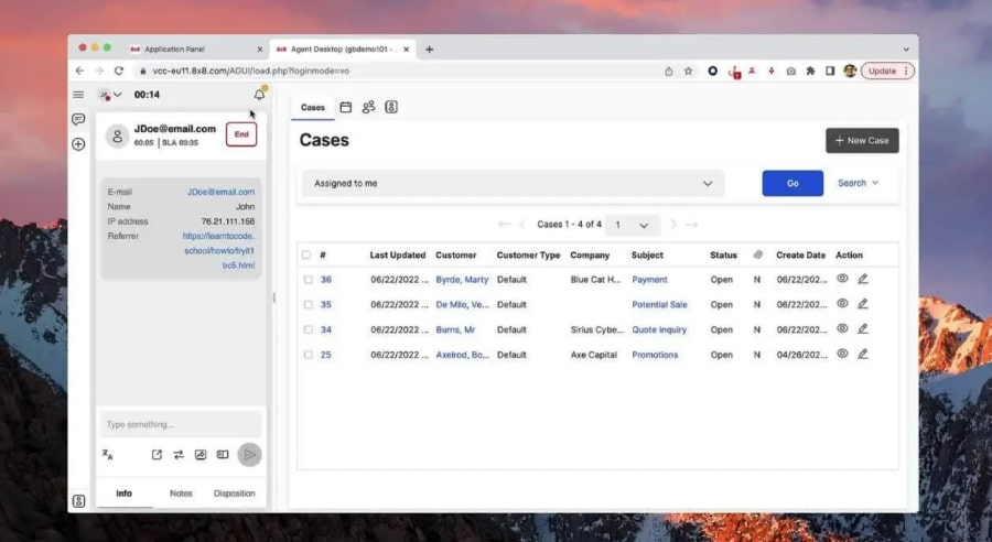 8x8 Contact Center agent workspace showing customer interactions, call controls, and channel activity.