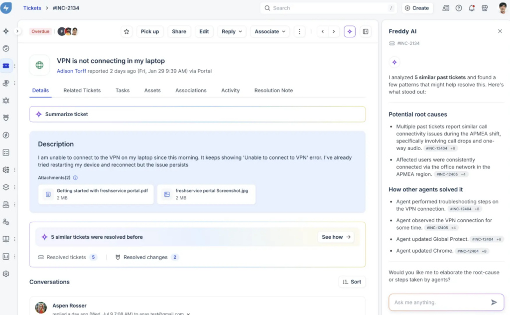 Freshdesk dashboard showing call monitoring settings, call metrics, and customer support activity.